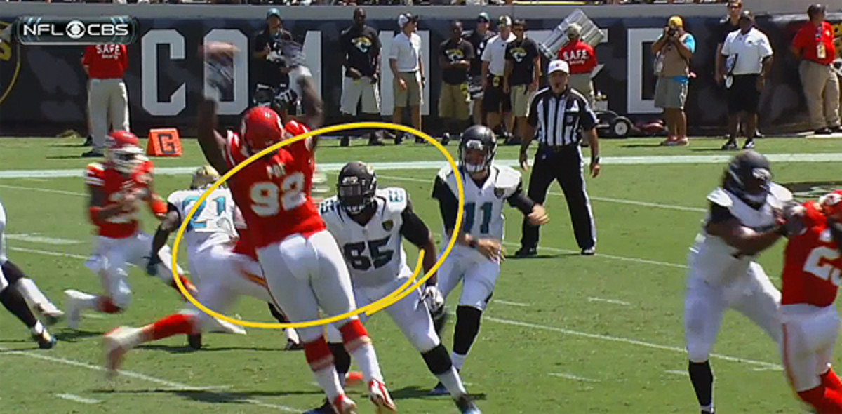 Doink! Dontari Poe gets vertical, to Blaine Gabbert's consternation.