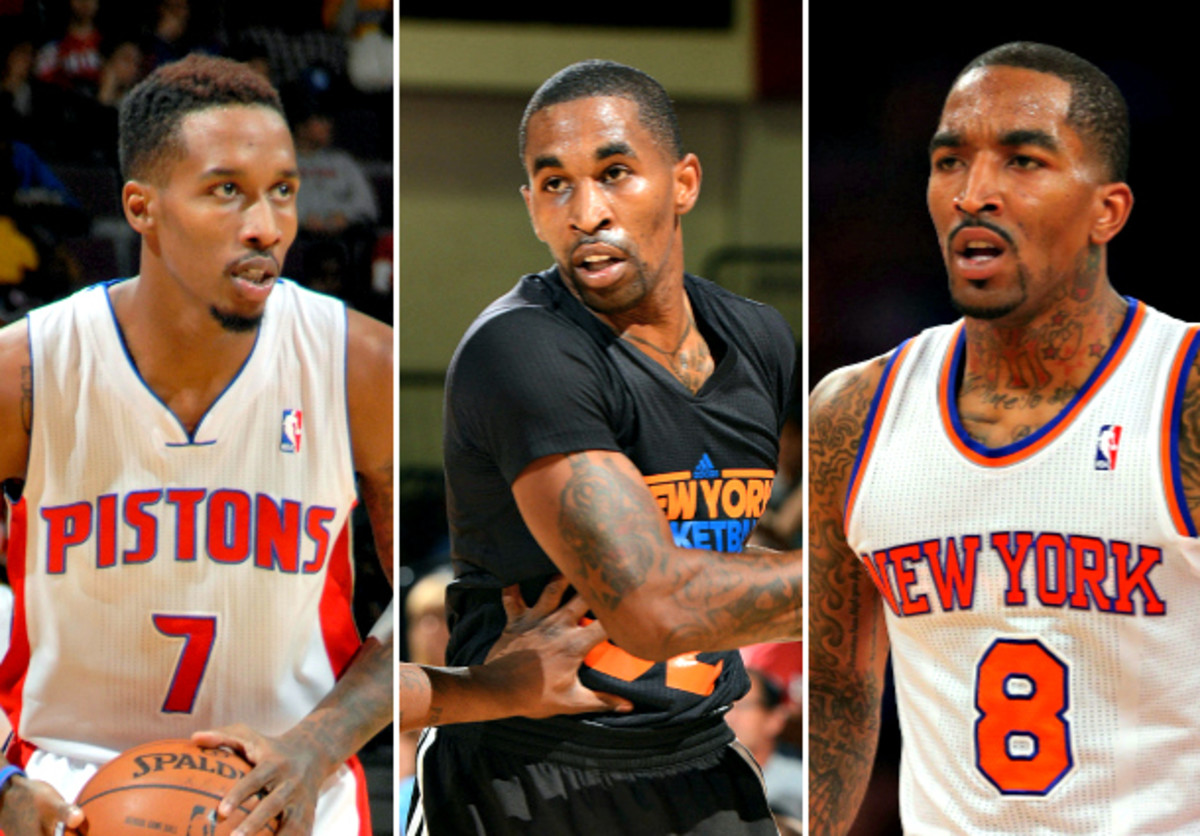 Brandon Jennings (left) and J.R. Smith (right) got to bickering over Chris Smith's NBA bonafides. (Allen Einstein, Elsa, and Garrett W. Ellwood/NBAE via Getty Images)