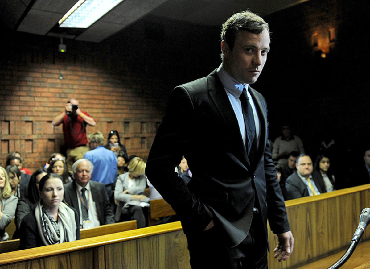 Oscar Pistorius appears in the Pretoria Magistrates court, where he was accused of premeditated murder of Reeva Steenkamp.