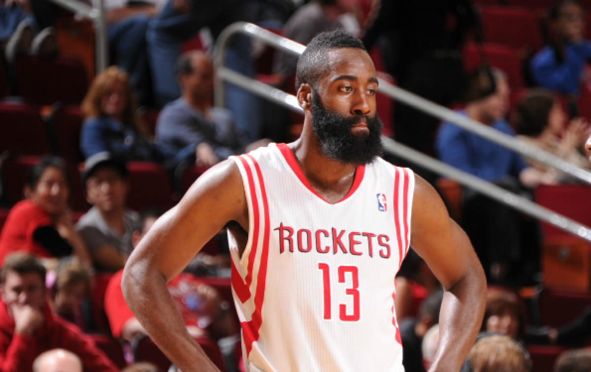 James Harden is shooting   45% and averaging 24.7 points per game for the Rockets. (Bill Baptist/National Basketball)