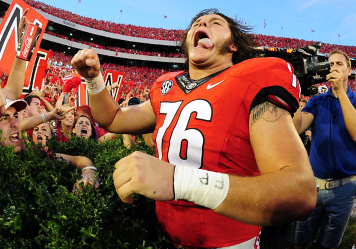 Offensive tackle Zach DeBell had much to celebrate about after Georgia's thrilling 44-41 win over LSU. (Scott Cunningham/Getty Images)