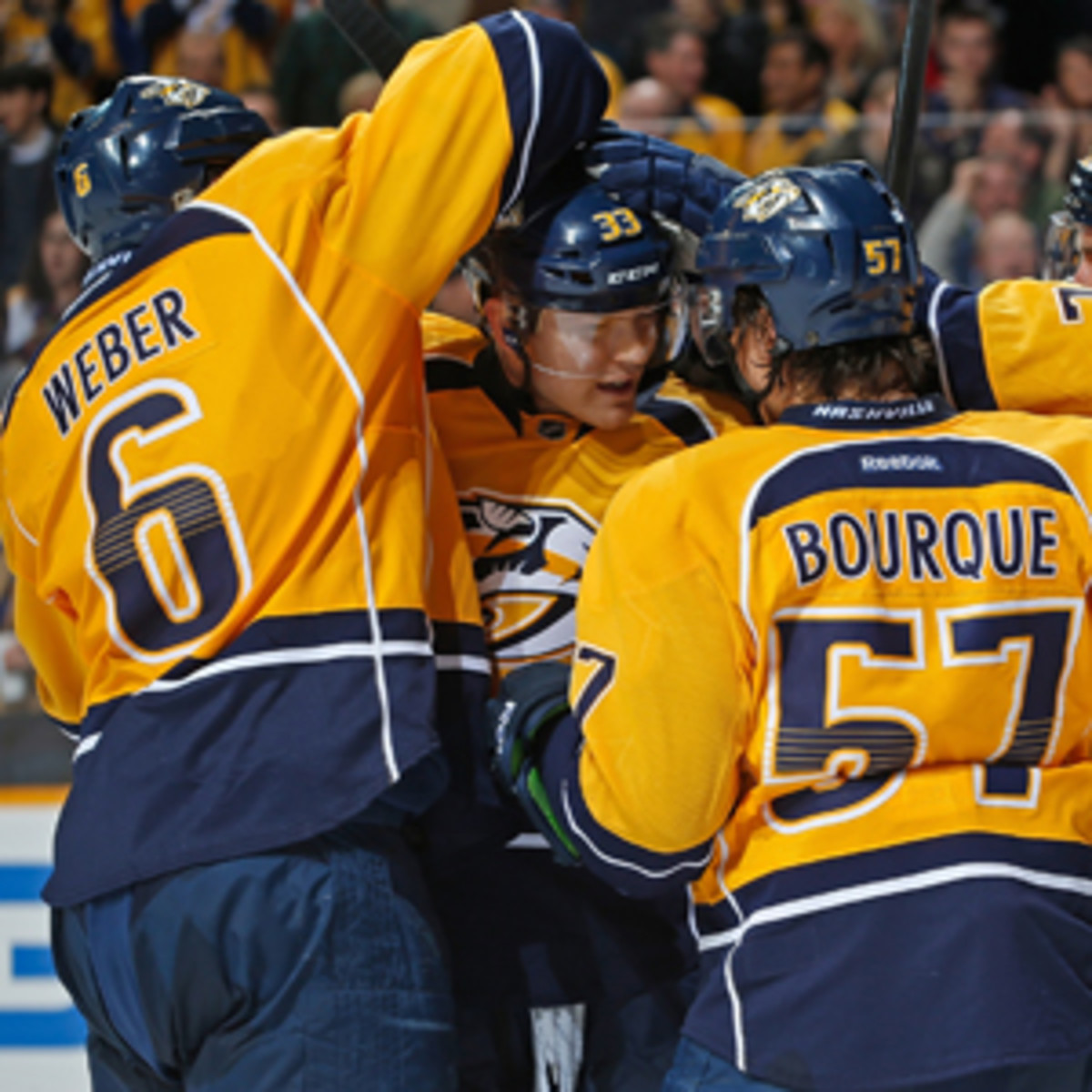 Season-ending injuries to forwards Colin Wilson and Gabriel Bourque has hurt the Predators playoff chances. (John Russell/Getty Images)