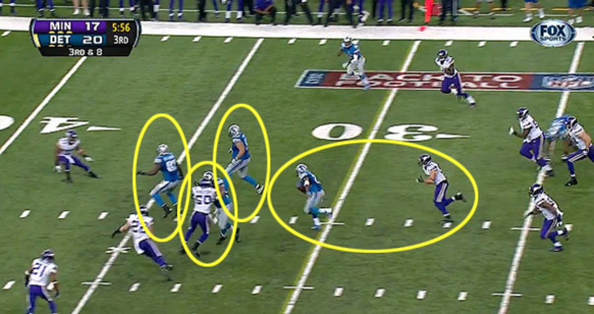 Tight end Brandon Pettigrew announces his presence with authority, and the Lions have a 3X3 downfield blocking matchup before Bush even gets there. He bides his time by lapping Greenway before taking it to the house.