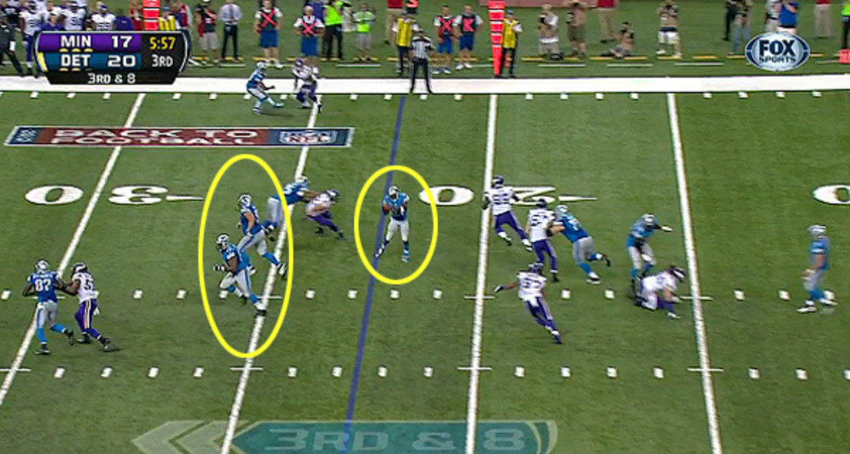 After doubling DL Everson Griffen, Raiola and left guard Rob Sims immediately charge upfield. Right guard Larry Warford (75) moves to the second level to block Greenway.