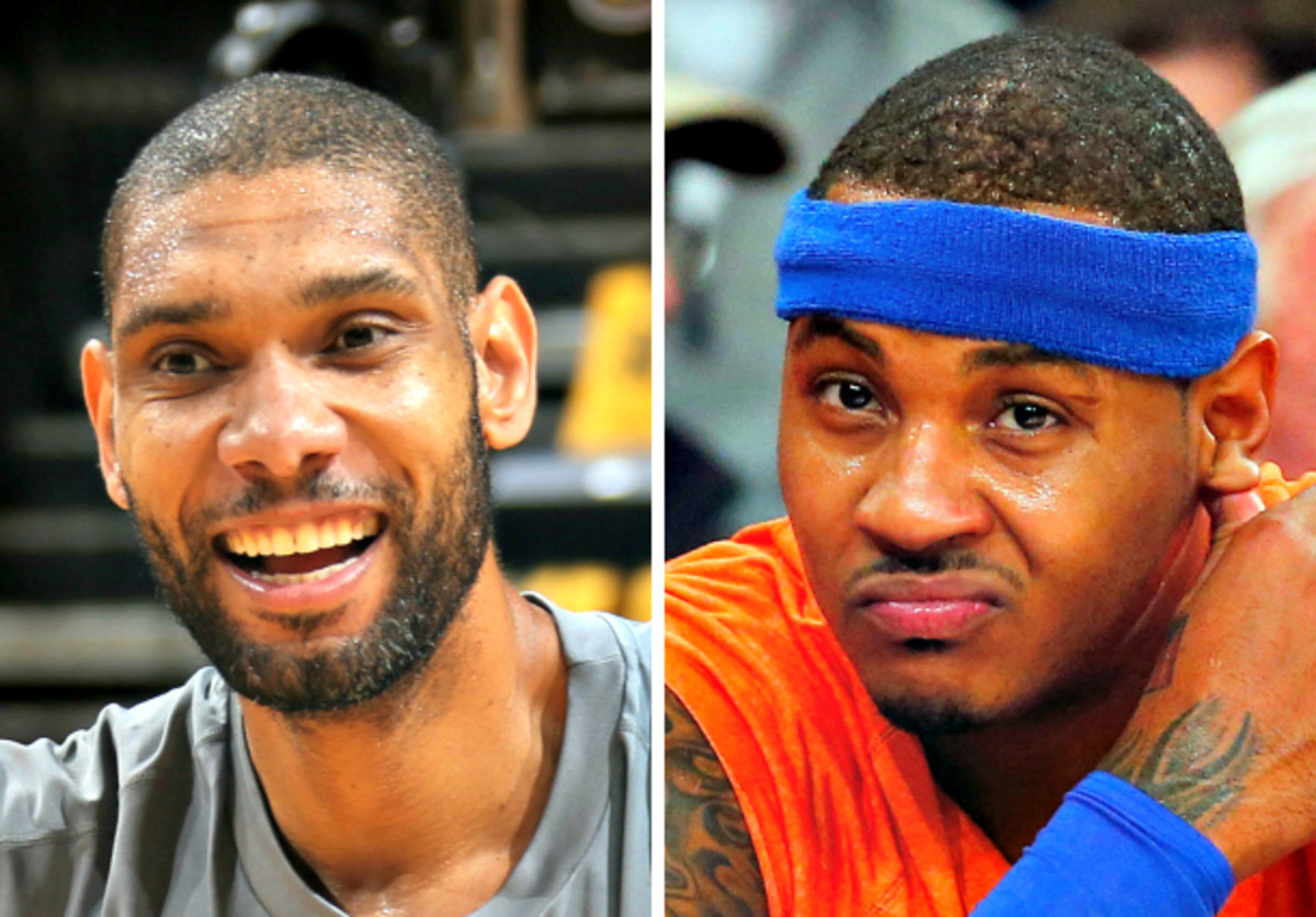 Tim Duncan's Spurs and Carmelo Anthony's Knicks have helped establish a historic disparity between conferences. (Joe Murphy and Jim McIsaac/NBAE via Getty Images)