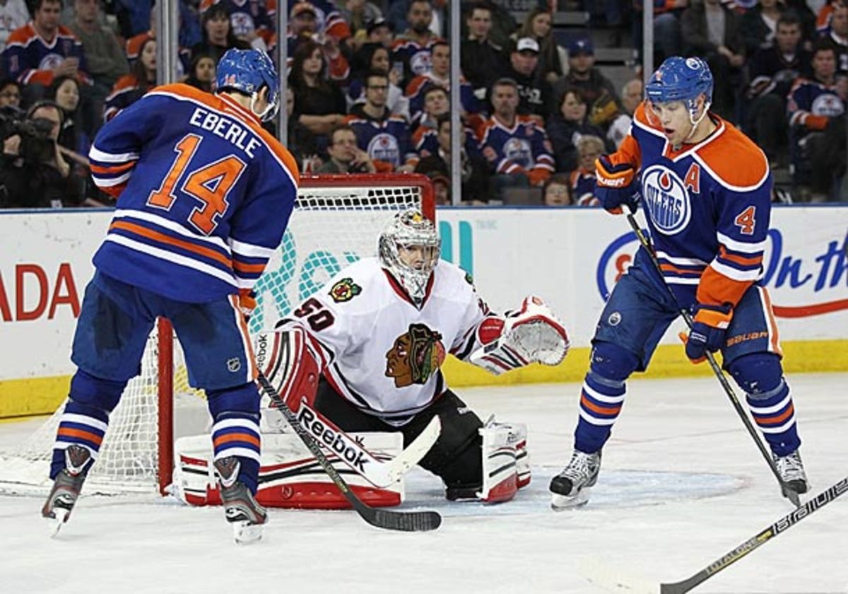 Jordan Eberle and Taylor Hall of the Edmonton Oilers