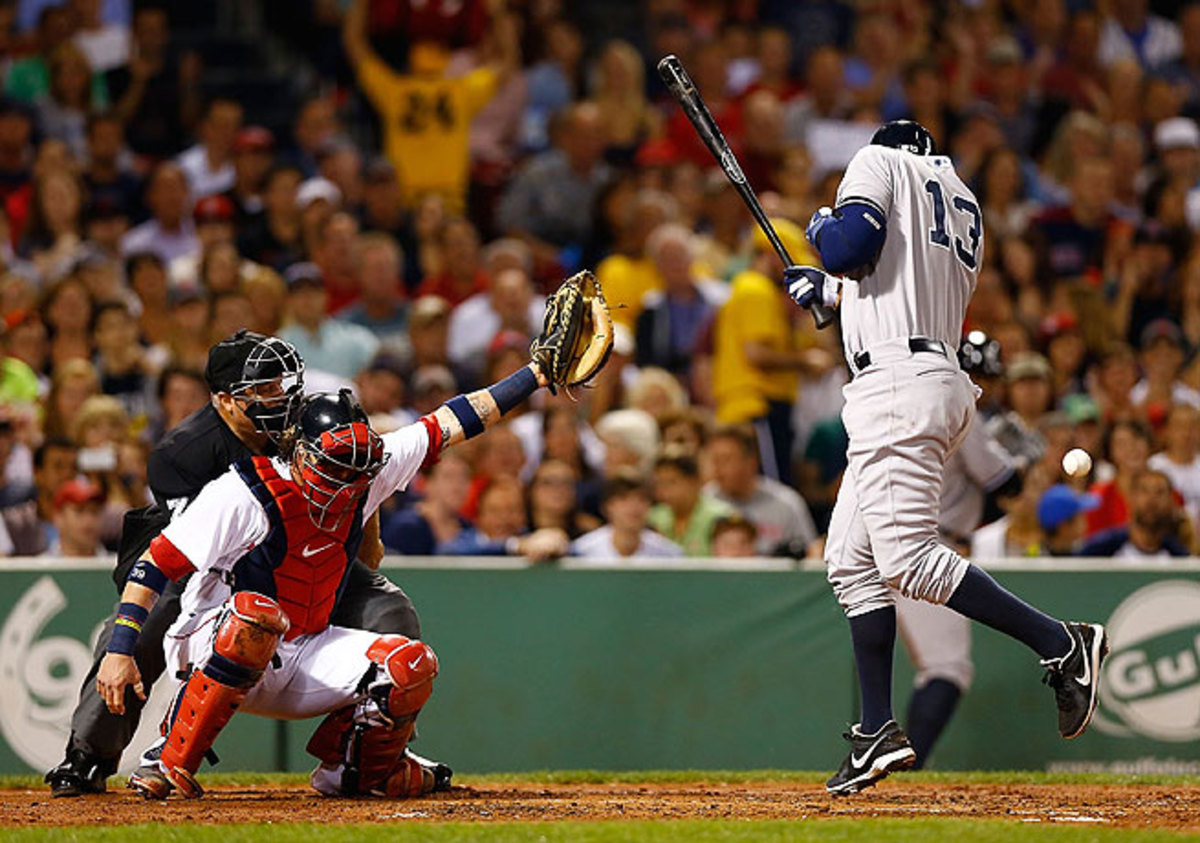Alex Rodriguez was hit by a Ryan Dempster pitch during the second inning at Fenway.