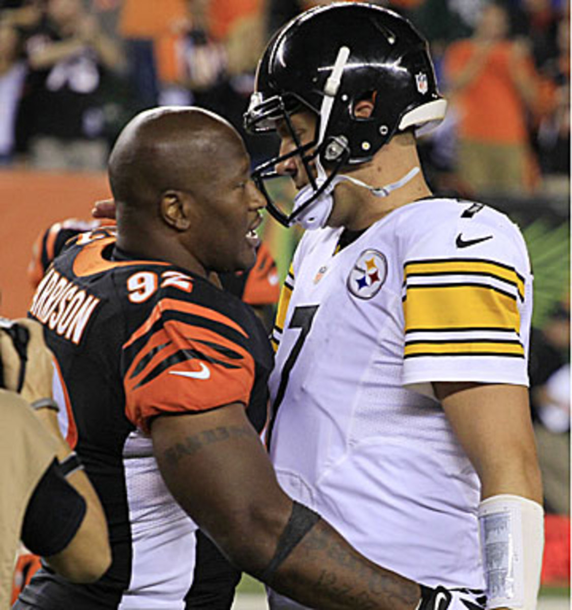 James Harrison didn't get to bring Ben Roethlisberger down in their reunion. 
