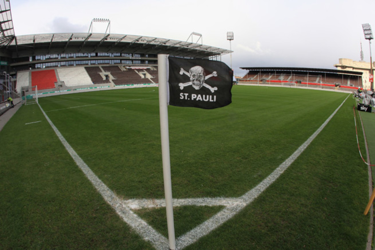 Corner flags at St. Pauli's Millerntor Stadium are marked with a skull and crossbones, paying homage to Hamburg's pirate history and acting as a symbol for the port city leftist district's people.