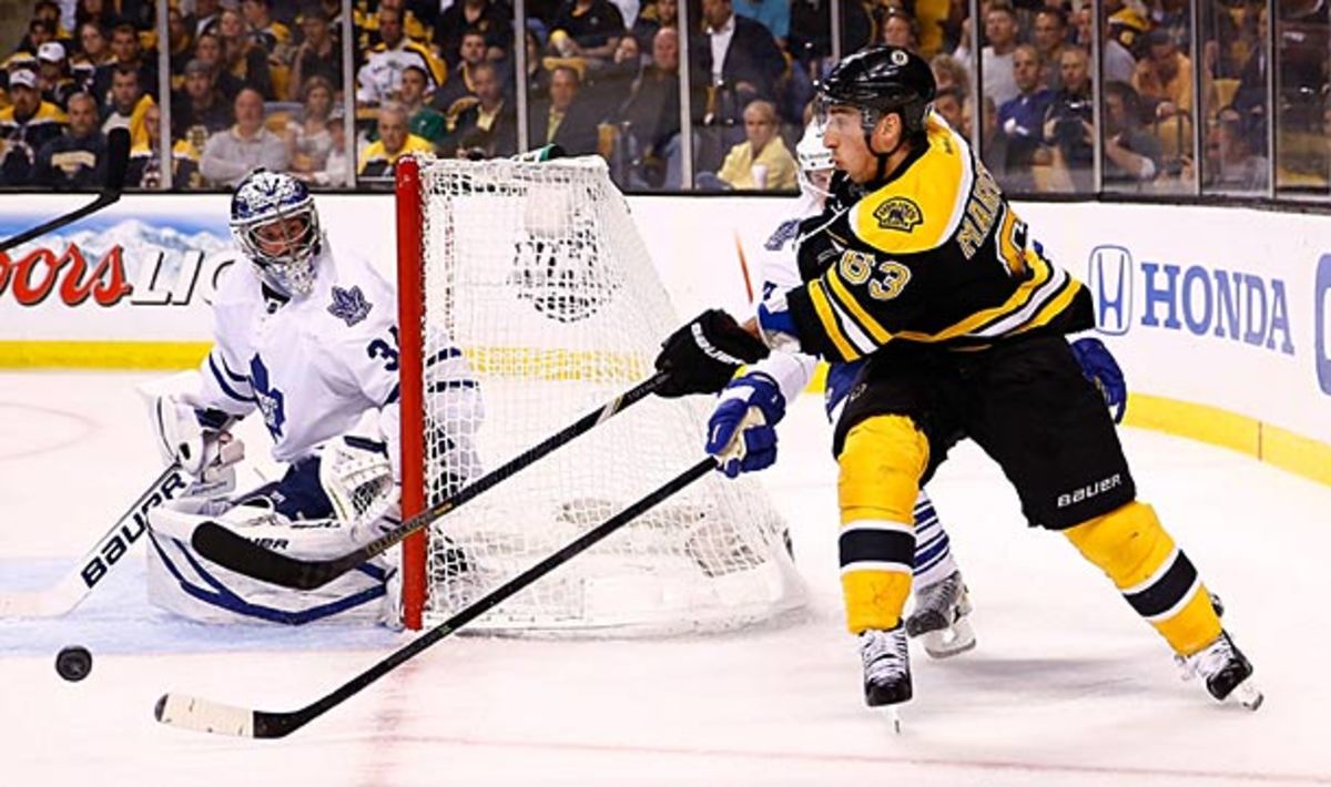 James Reimer of the Maple Leafs and Brad Marchand of the Bruins