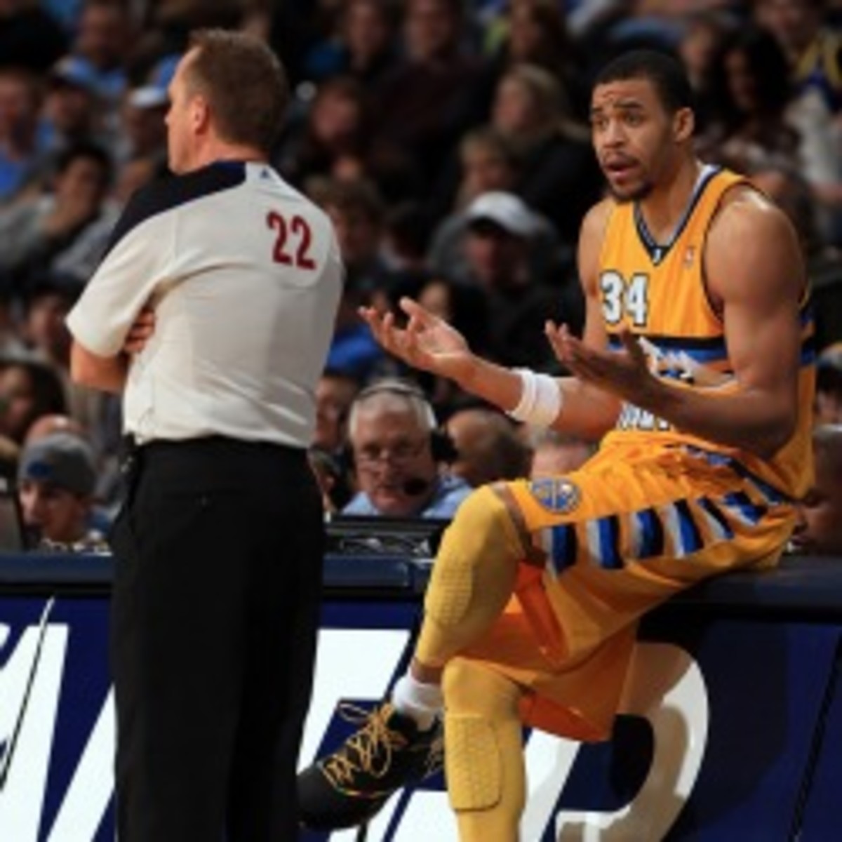 Nuggets forward JaVale McGee has seen his playing time decrease this season. (Doug Pensinger/Getty Images)