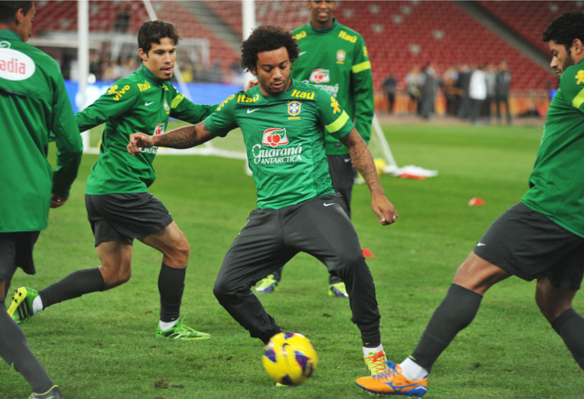 Brazil and Real Madrid defender Marcelo (center) is out of the Selecao's squad for a pair of upcoming friendlies after suffering a knee injury.