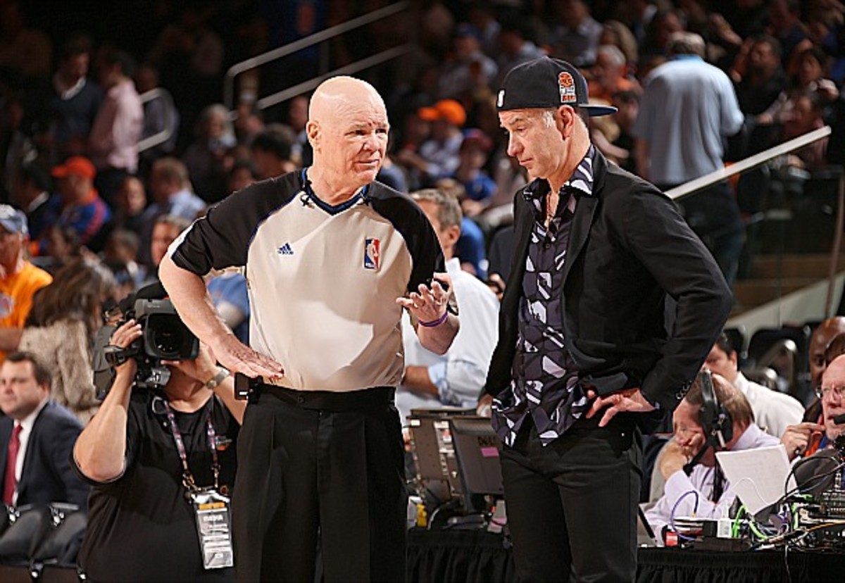John McEnroe had a chat with NBA official Joey Crawford during Game 2 of the Eastern Conference Semifinals between the Knicks and the Pacers.