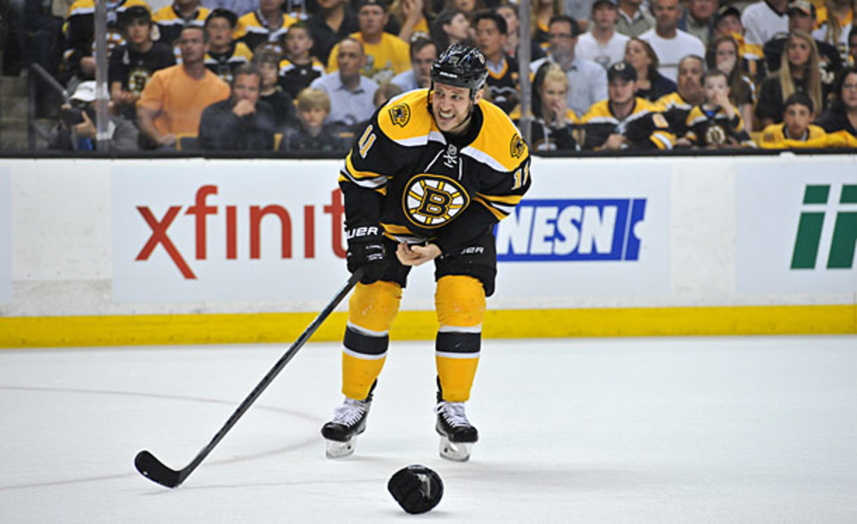 Gregory Campbell after breaking his leg in playoff game vs. Pittsburgh Penguins