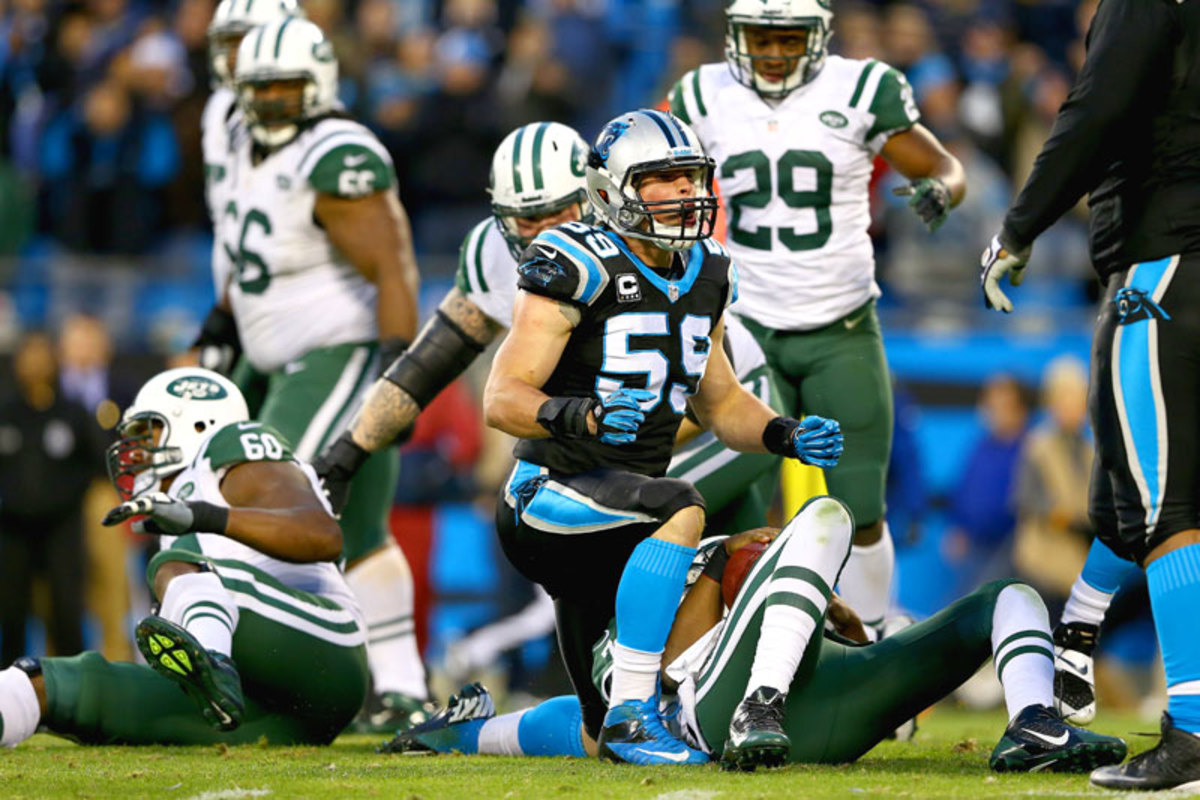 Luke Kuechly sacking Jets QB Geno Smith in Week 15. (Streeter Lecka/Getty Images)