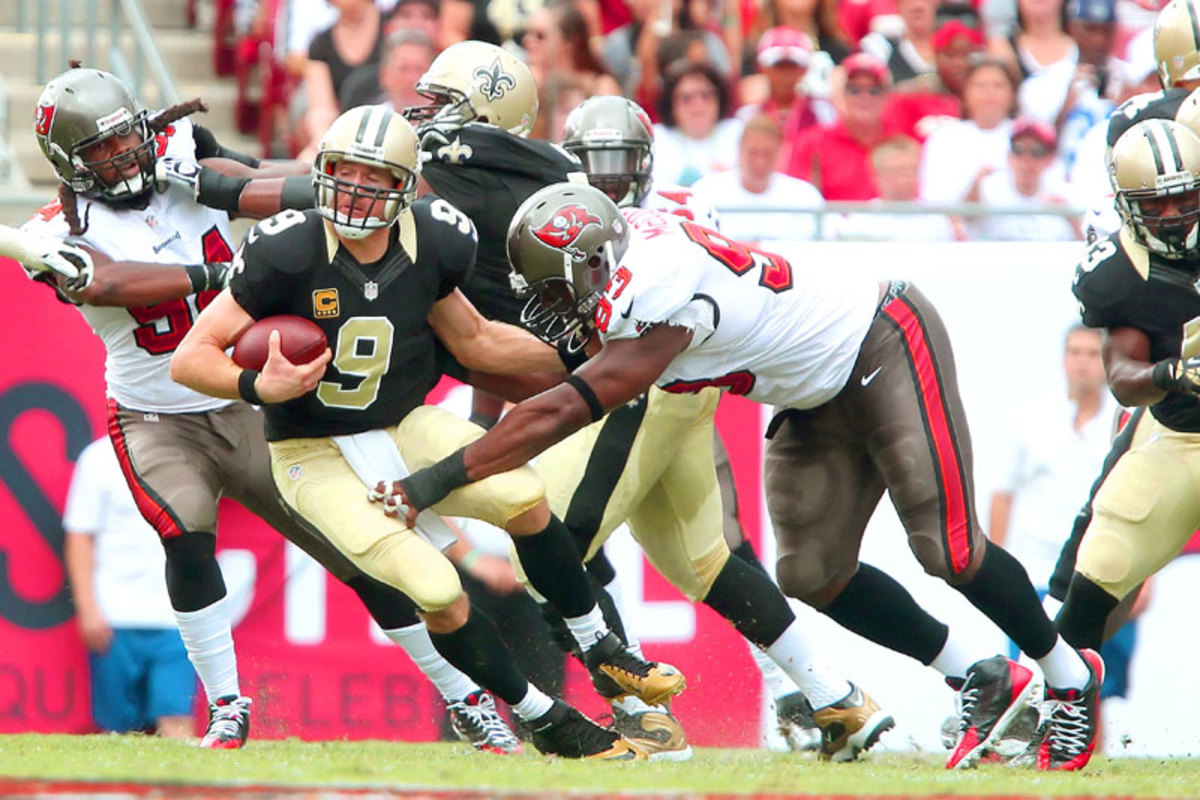 Drew Brees was sacked four times, but managed a 16-14 win over the Bucs in Week 2. (Cliff Welch/Icon SMI)