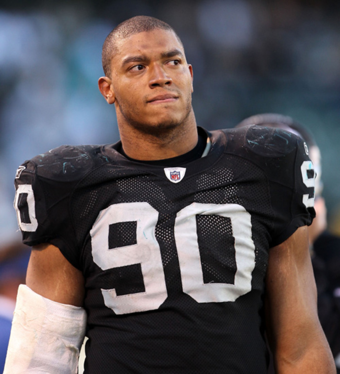 The Raiders' Desmond Bryant was arrested on Sunday on a criminal mischief charge. (Hannah Foslien/Getty Images)