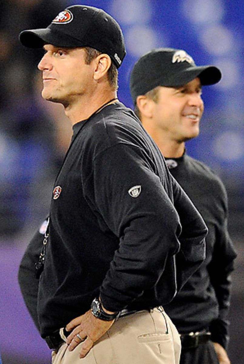 Jim Harbaugh's (foreground) 49ers played brother John's Ravens in 2011. The Ravens won that game, 16-6.
