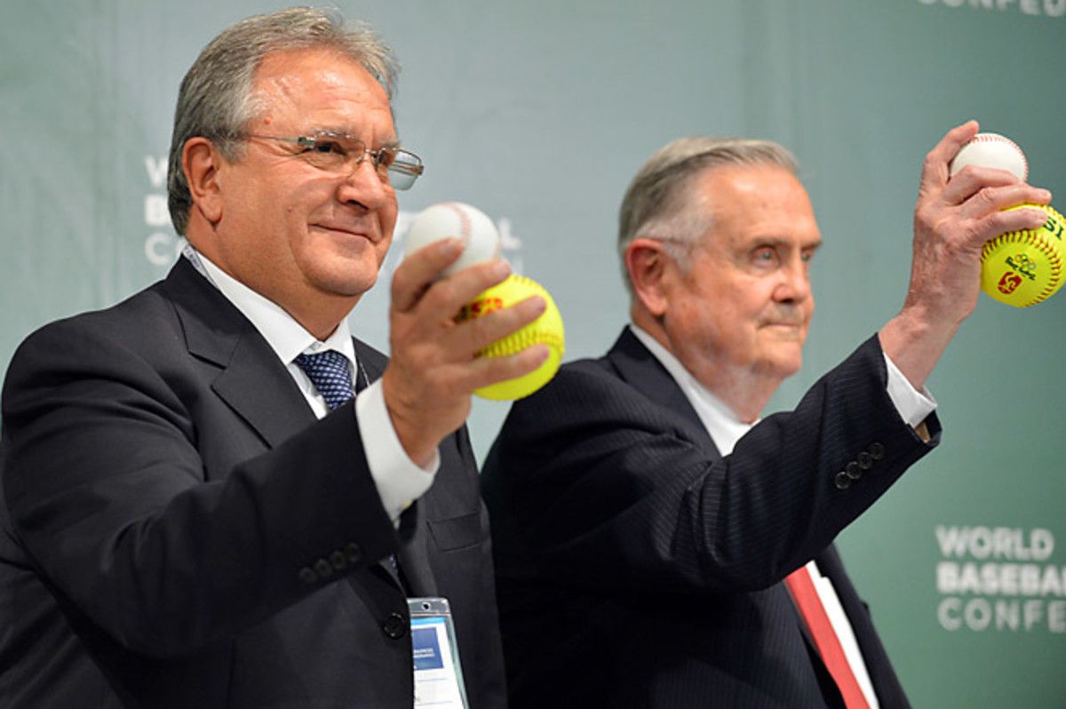 World Baseball Softball Confederation co-presidents Riccardo Fraccari (L) and Don Porter celebrate the union.