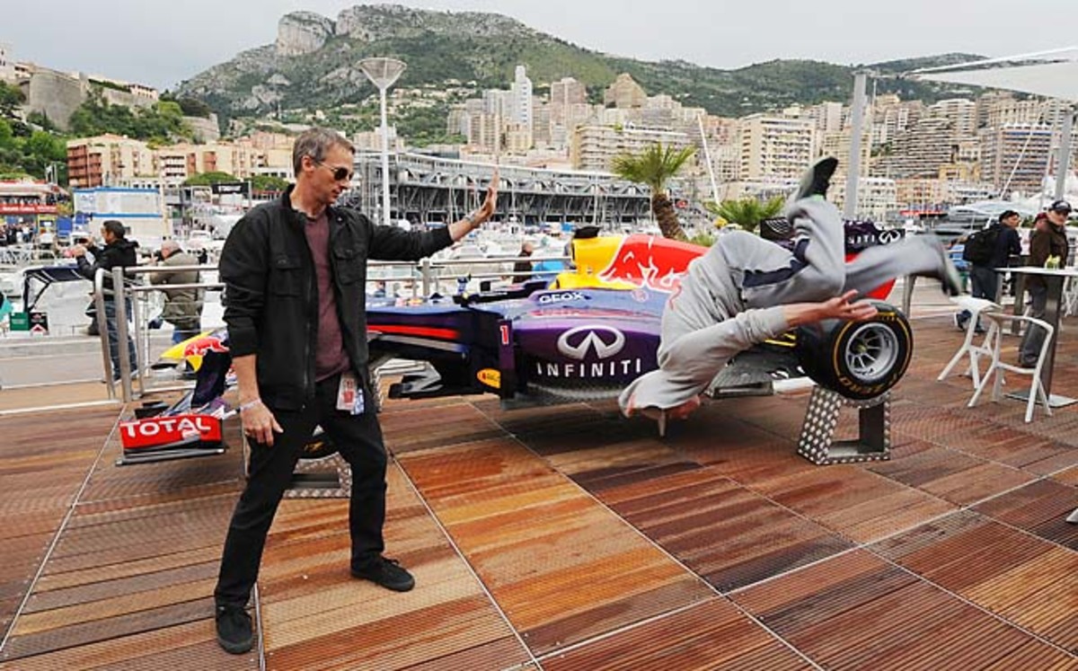 Tony Hawk and Ryan Doyle perform a parkour trick in Monaco in May.