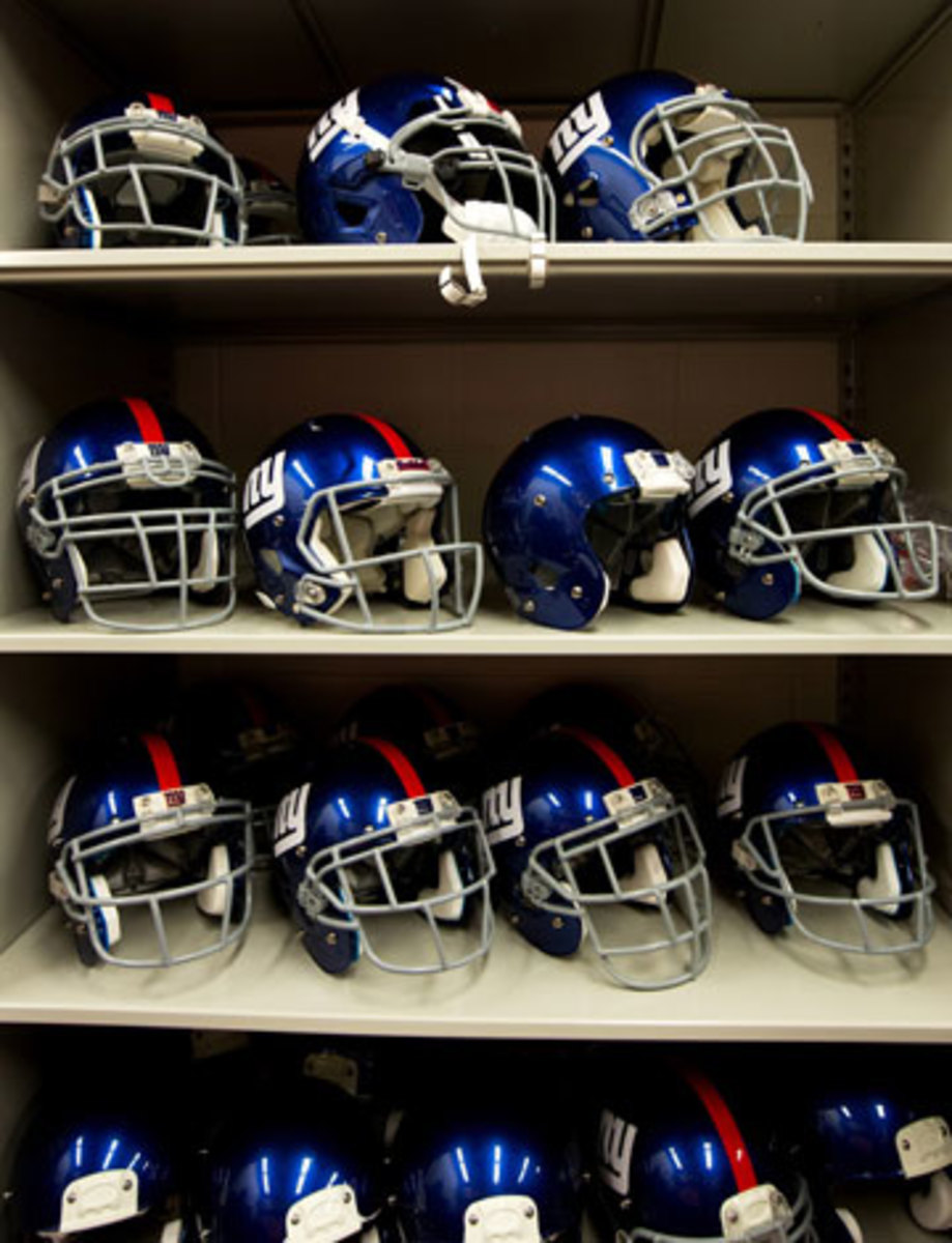 The different helmets available to Giants players are on display in an equipment room at the team facility. (Demetrius Freeman/The New York Times)