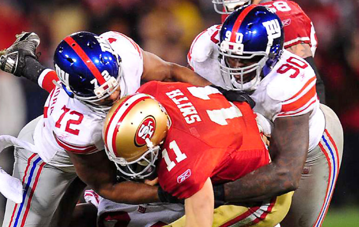 Osi Umenyiora (left, 6.0) and Jason Pierre-Paul (6.5) led the Giants in sacks, but Osi is on the way out.