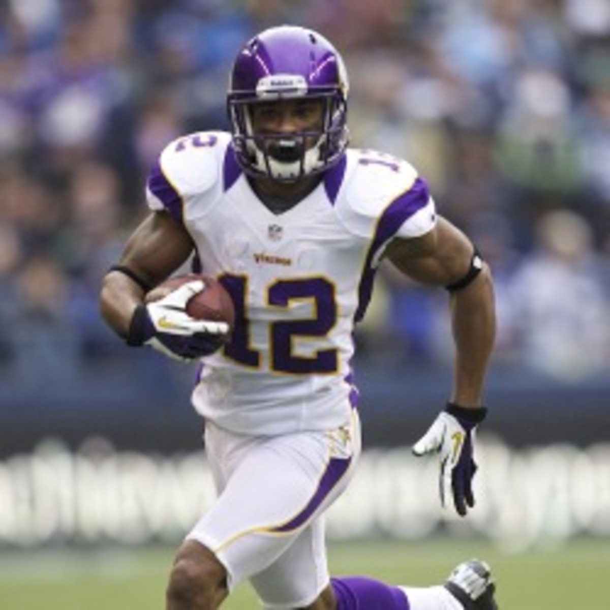 VIkings receiver Percy Harvin will not play Sunday because of an ankle Injury. (Stephen Brashear/Getty Images)