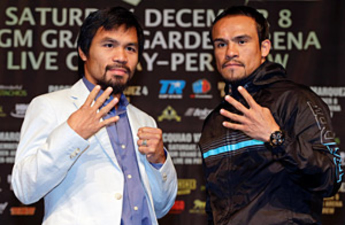 Manny Pacquiao (left) and Juan Manuel Marquez (right) meet for a fourth time Saturday night at the MGM Grand Garden Arena in Las Vegas. (AP)