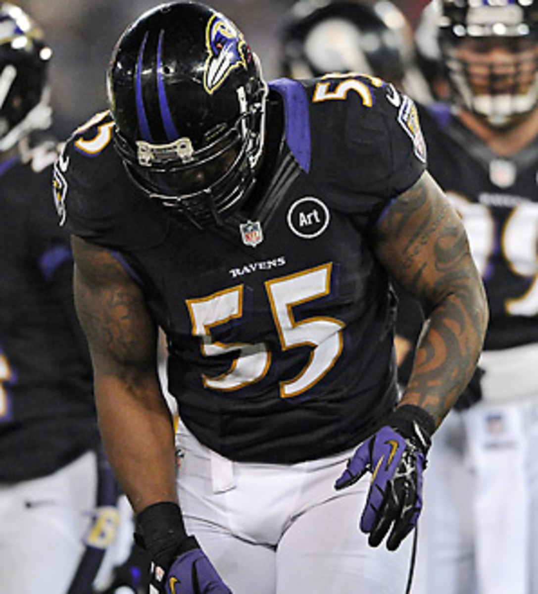 Terrell Suggs has 19 tackles and 2 sacks in six games. (Patrick Smith/Getty Images)
