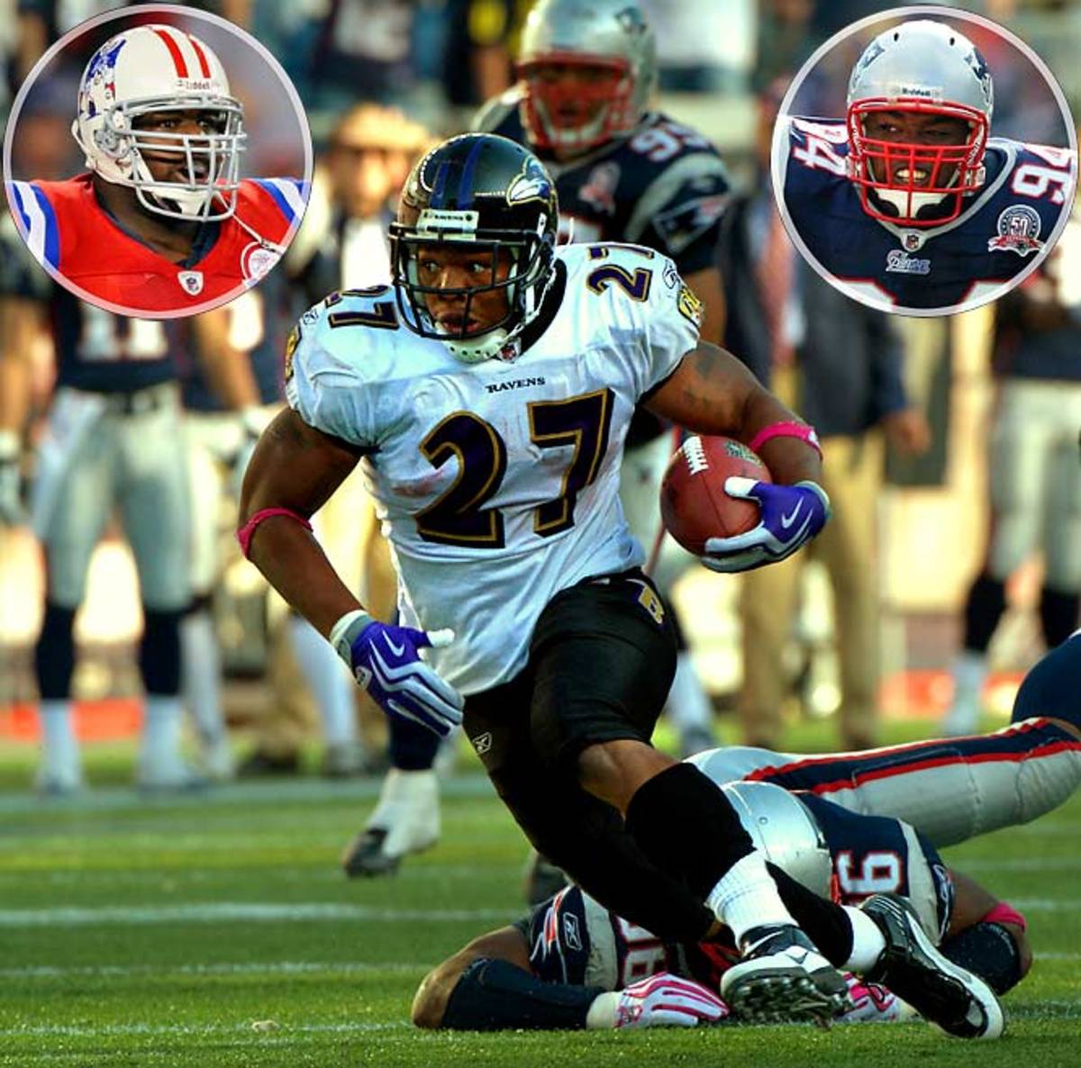 Ravens' RB Ray Rice vs. Patriots DLs Vince Wilfork and Ty Warren