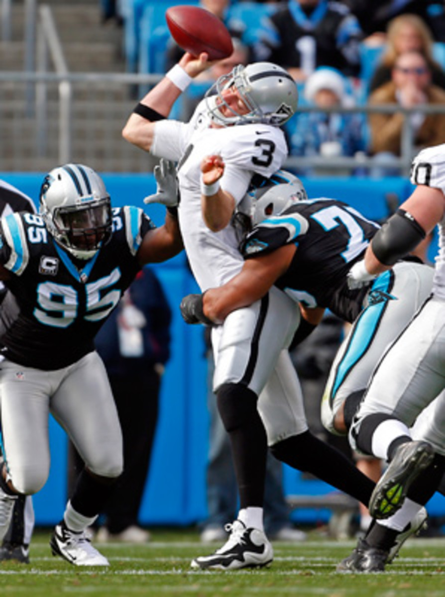Greg Hardy's hit drew a 15-yard penalty for leading with his head.