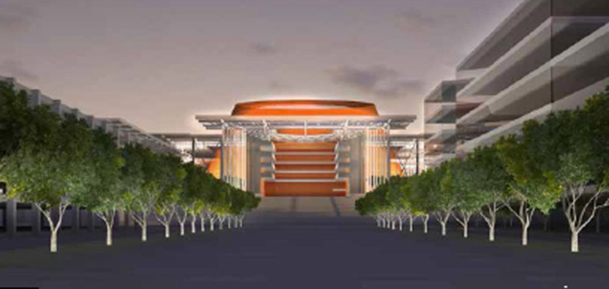 Facing south on the promenade leading to the arena (360 Architecture)