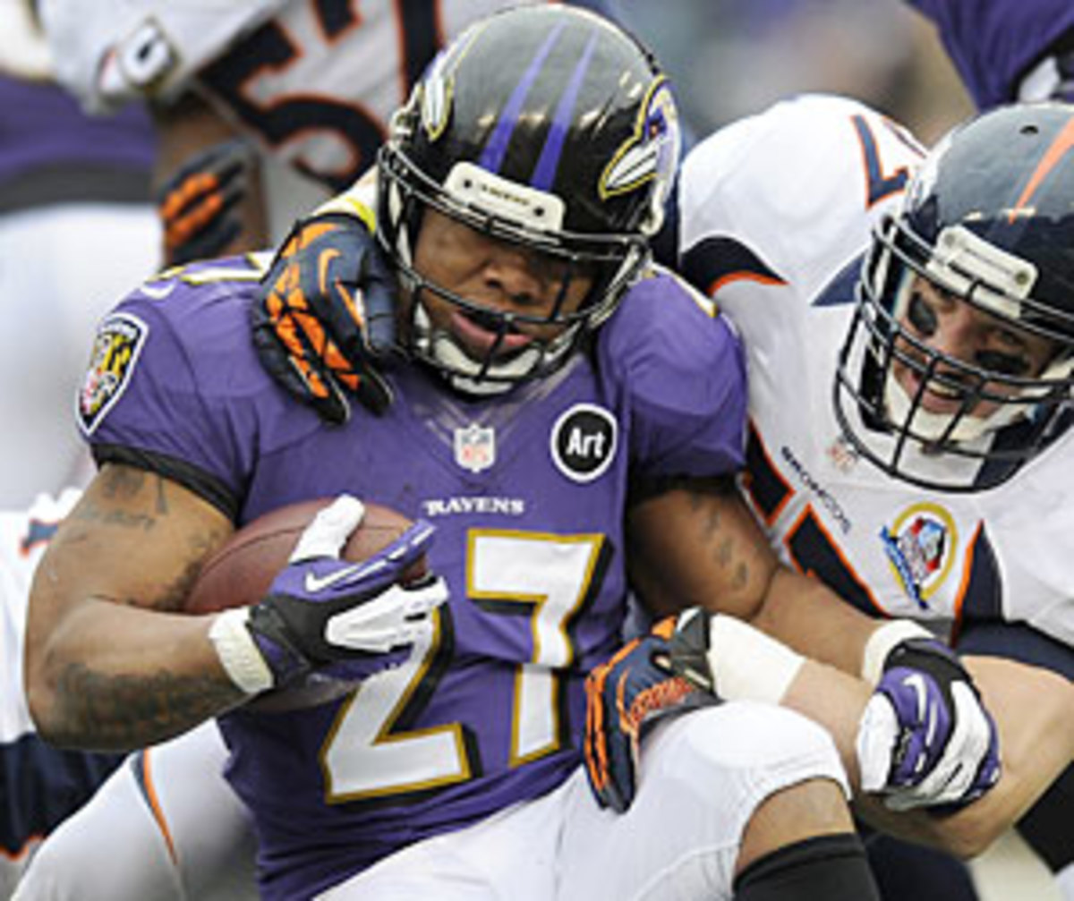 Despite the Ravens' change to a supposedly more run-friendly scheme, Ray Rice had only 12 carries for 38 yards versus the Broncos.