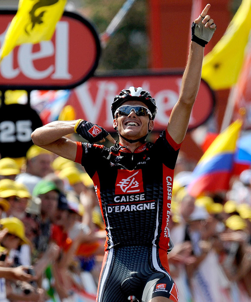 Luis Leon Sanchez celebrates his victory in Stage 8 of the Tour on Saturday.