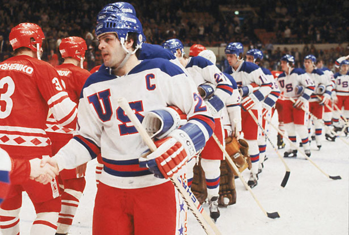 Mike Eruzione (USA) celebrates scoring the winning goal in Team