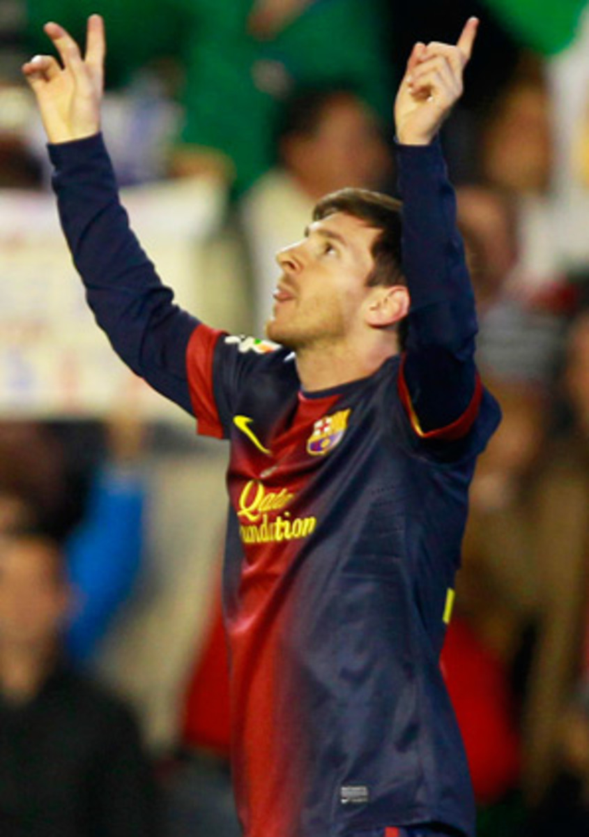 Barcelona's Lionel Messi scored twice to set a record for most goals in a season.