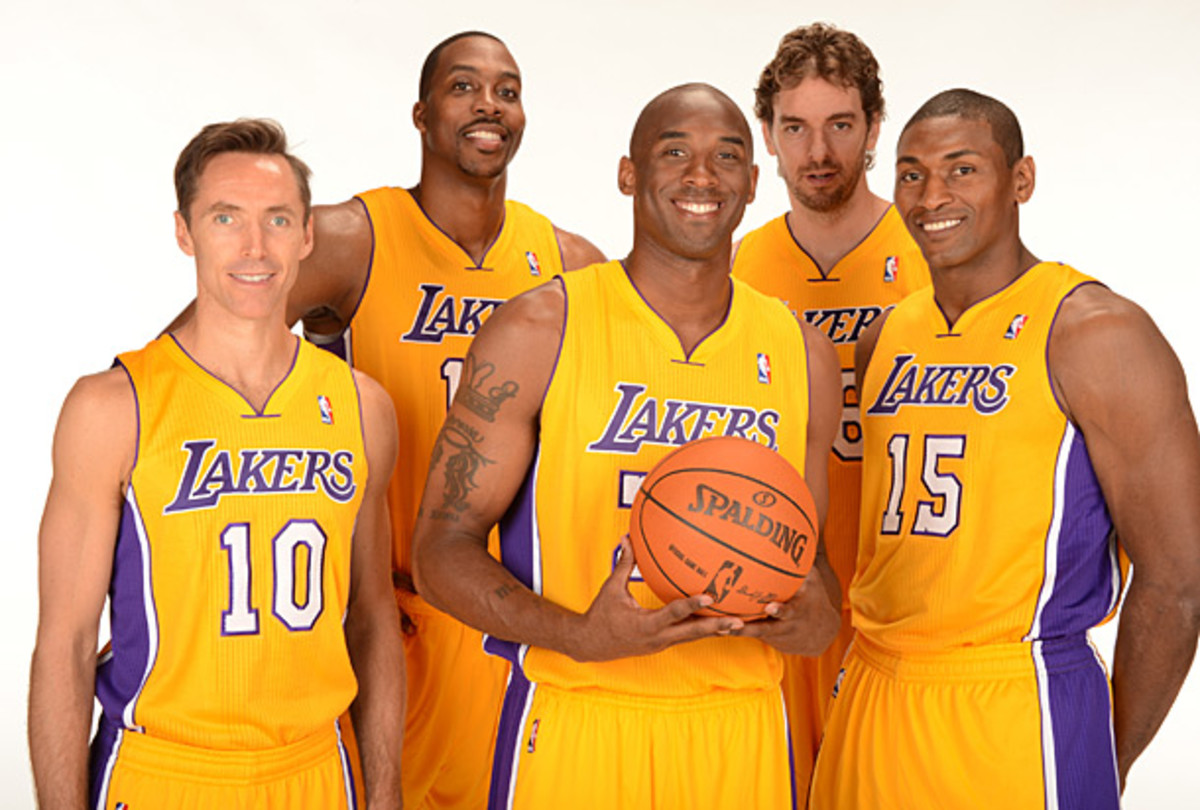 Steve Nash, Dwight Howard, Kobe Bryant,  Gasol and Metta World Peace pose during the Lakers 2012 Media Day. (Andrew D. Bernstein/NBAE via Getty Images) 