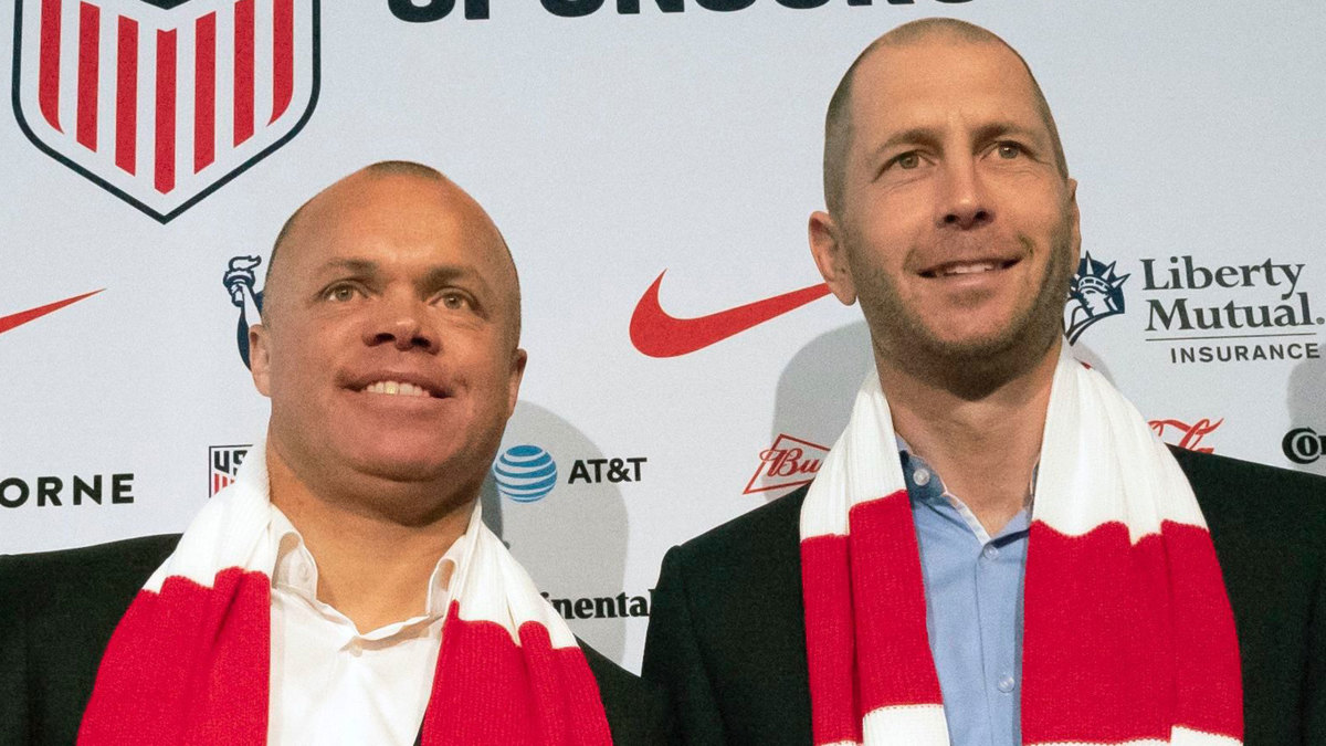 U.S Soccer sporting director Earnie Stewart and USMNT head coach Gregg Berhalter pose at a news conference in New York.