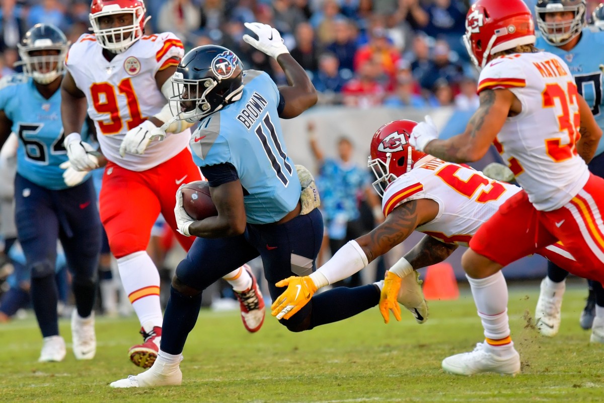 Tennessee Titans wide receiver A.J. Brown (11) rushes against the Kansas City Chiefs during the second half at Nissan Stadium.