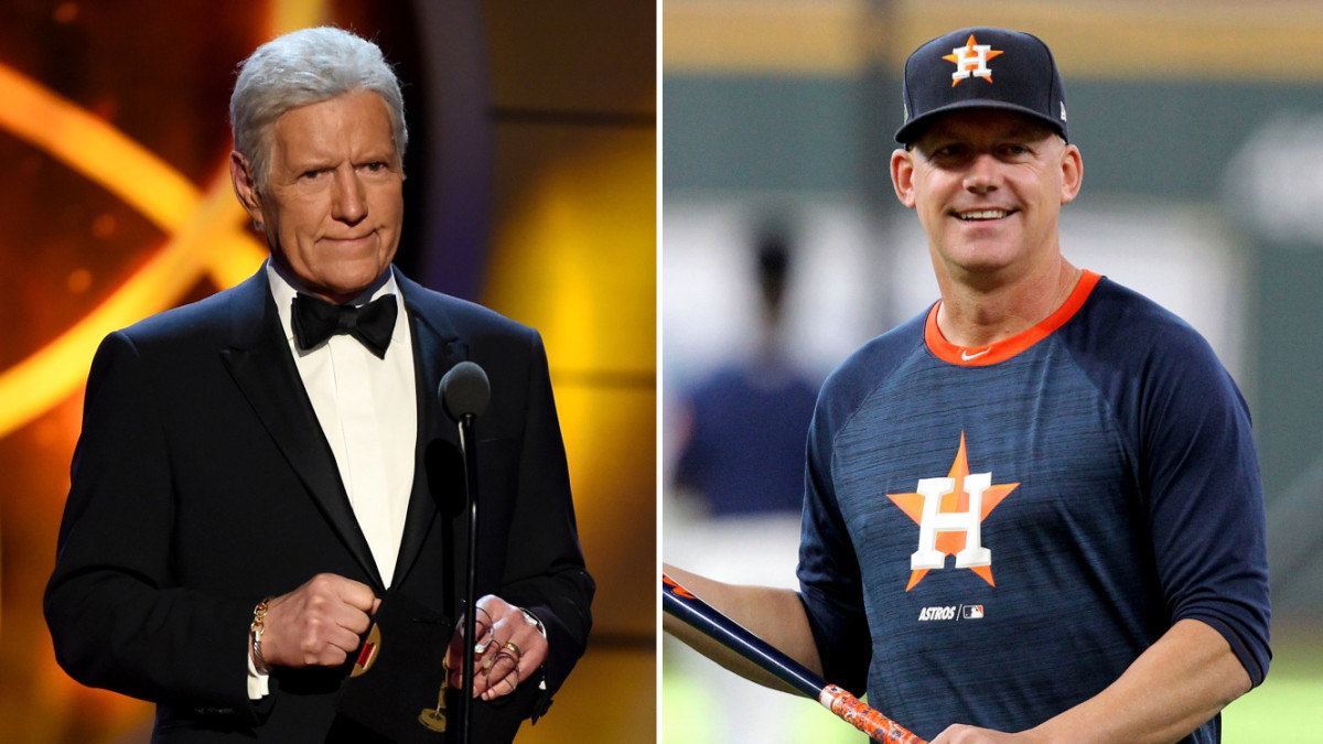 Split image of Alex Trebek and AJ Hinch