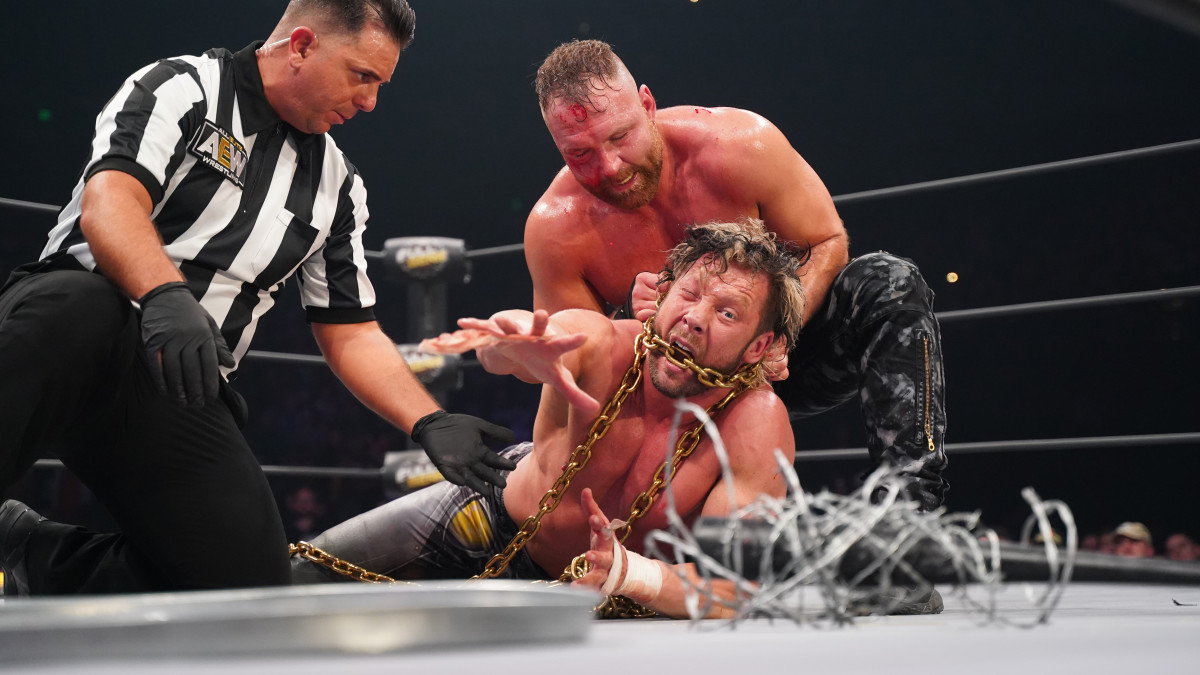 Kenny Omega and Jon Moxley in an unsanctioned match at AEW's Full Gear pay-per-view.