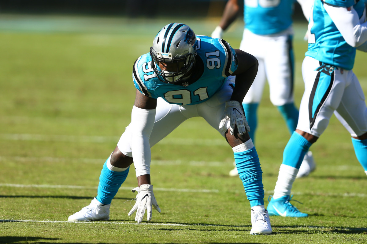 Oct 28, 2018; Charlotte, NC, USA; Carolina Panthers defensive end Bryan Cox (91) lines up during the game against the Baltimore Ravens at Bank of America Stadium. Mandatory Credit: Jeremy Brevard-USA TODAY Sports