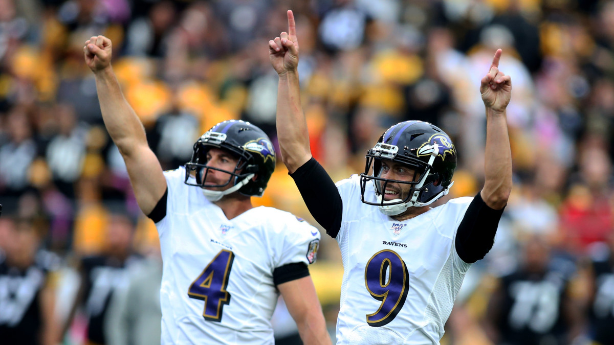 Oct 6, 2019; Pittsburgh, PA, USA;  Baltimore Ravens punter Sam Koch (4) and kicker Justin Tucker (9) react after a game winning field goal by Tucker to defeat the Pittsburgh Steelers in overtime at Heinz Field.  Mandatory Credit: Charles LeClaire-USA TODAY Sports