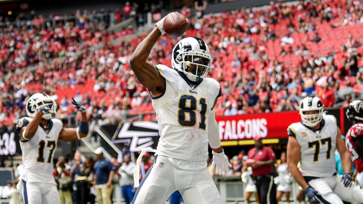 Oct 20, 2019; Atlanta, GA, USA; Los Angeles Rams tight end Gerald Everett (81) reacts after scoring a touchdown against the Atlanta Falcons during the second half at Mercedes-Benz Stadium. Mandatory Credit: Dale Zanine-USA TODAY Sports