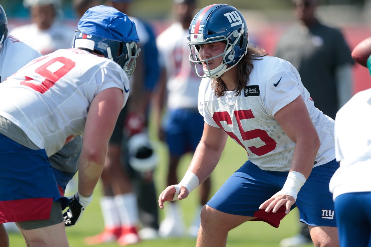 Jul 25, 2019; East Rutherford, NJ, USA; New York Giants offensive guard Nick Gates (65) in action during the first day of training camp at Quest Diagnostics Training Center.