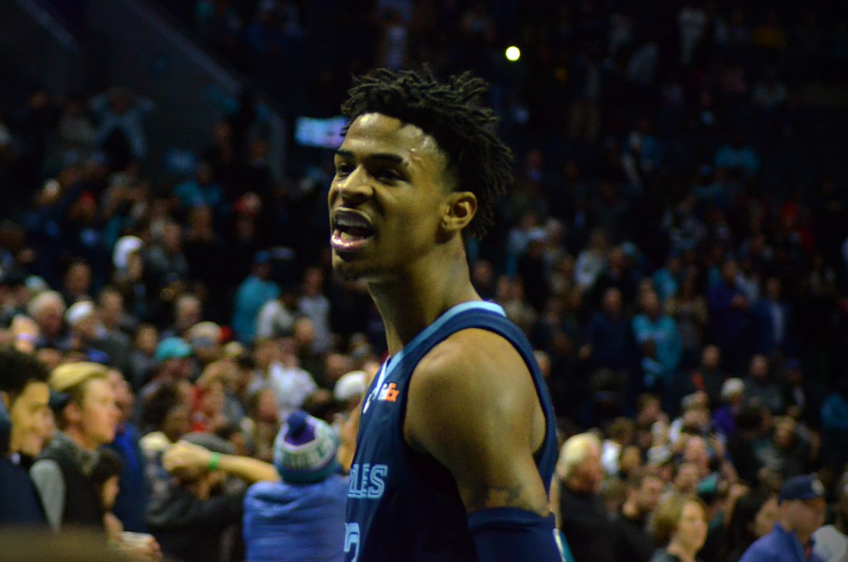 Grizzlies rookie Ja Morant talks to the crowd after sinking a game-winning lay-up against the Charlotte Hornets on Nov. 13, 2019 at the Spectrum Center. (Mitchell Northam / HornetMaven - Sports Illustrated)