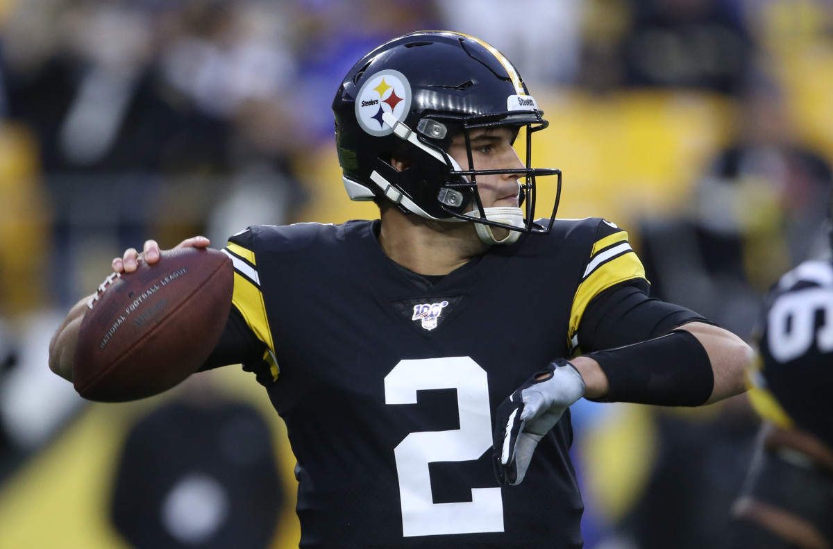 Nov 10, 2019; Pittsburgh, PA, USA; Pittsburgh Steelers quarterback Mason Rudolph (2) passes against the Los Angeles Rams during the first quarter at Heinz Field. Mandatory Credit: Charles LeClaire-USA TODAY Sports