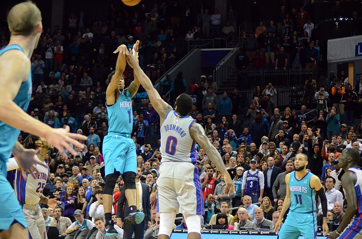 Malik Monk fires over Andre Drummond for the game-winning shot on Nov. 15, 2019 at the Spectrum Center in Charlotte, N.C.