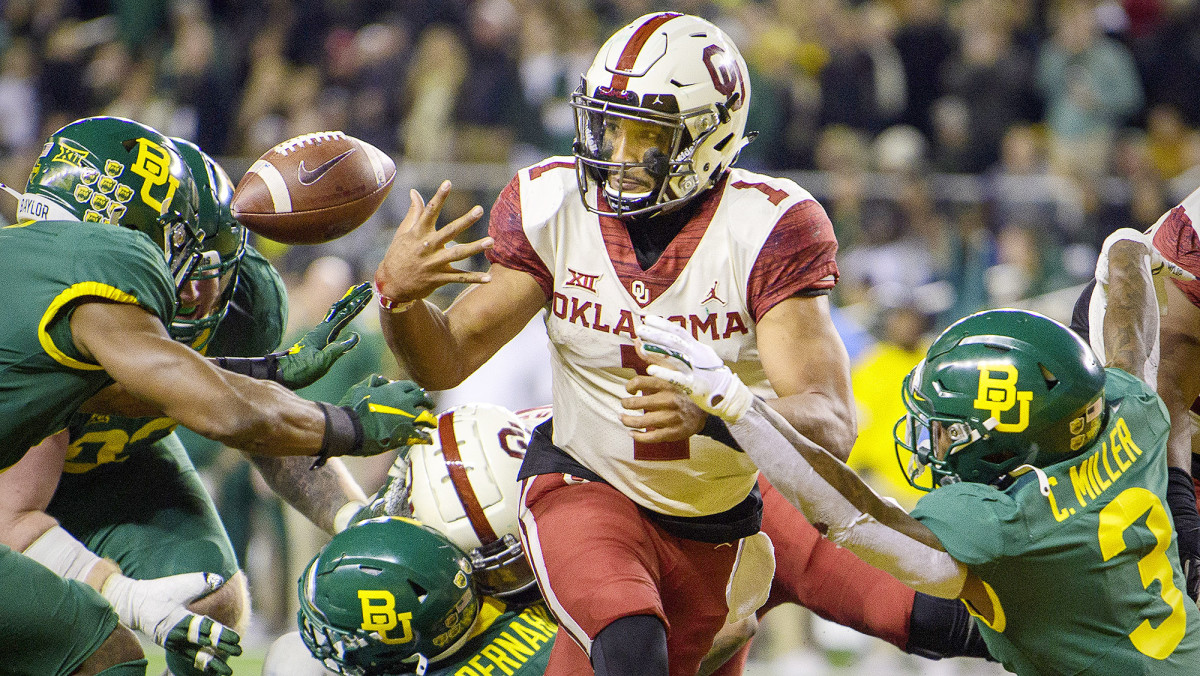 Hurts turned the ball over three times, including this fumble at the goal line, but led the Sooners to the biggest comeback in school history.