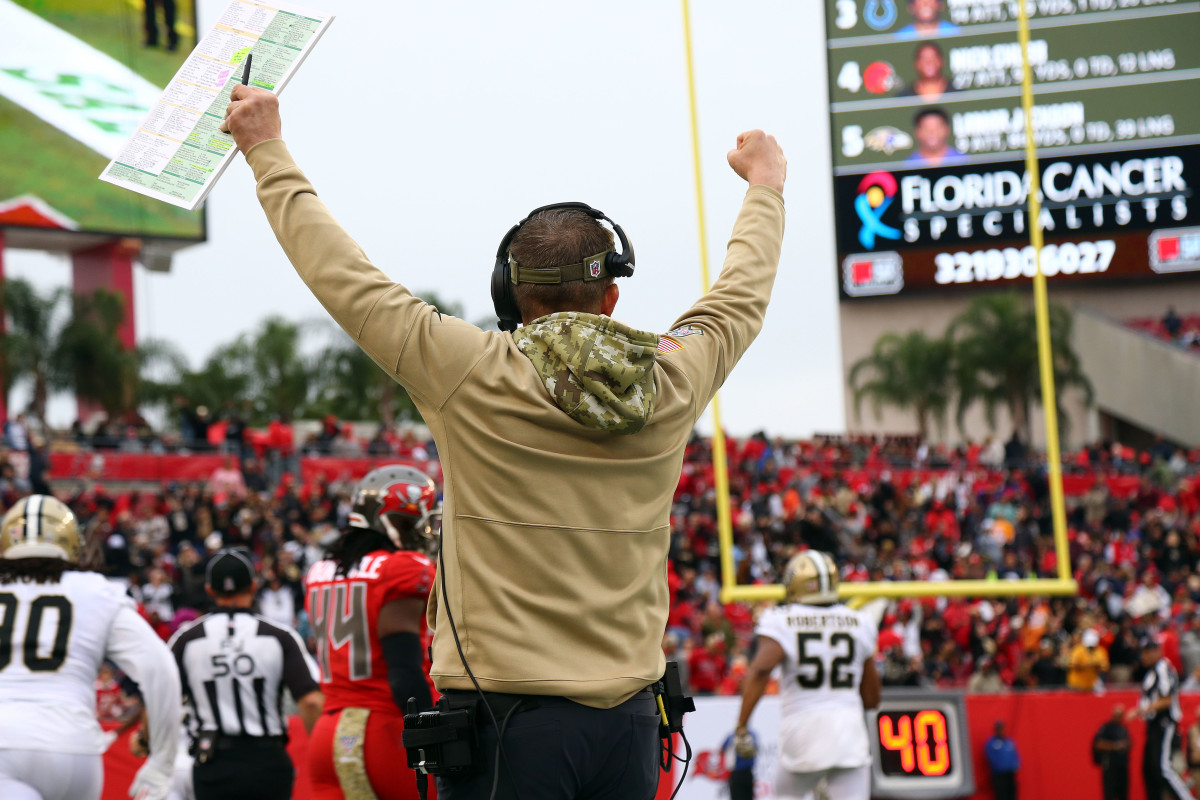Nov 17, 2019; Tampa, FL, USA; New Orleans Saints head coach Sean Payton celebrates after a Saints interception return for a touchdown against the Tampa Bay Buccaneers during the second half at Raymond James Stadium. Mandatory Credit: Kim Klement-USA TODAY Sports